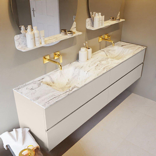 Mondiaz VICA-DLUX ensemble de meuble de salle de bain - 200cm - meuble sous-vasque lin - 4 tiroirs - lavabo encastrée cloud double - sans trous de robinet - version haute de 60cm - glace