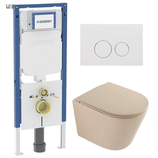 QeramiQ Dely Toiletset - 36.3x51.7cm - diepspoel - rimless - Geberit UP720 inbouwreservoir - softclose toilet zitting - glans witte bedieningsplaat - ronde knoppen - mat beige