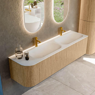 MONDIAZ KURVE 165cm Meuble salle de bain avec module 25 G - couleur Oak - 2 tiroirs - 1 porte - vasque BIG SMALL double / droite - 2 trous de robinet - Talc