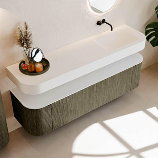 MONDIAZ THOR 170cm meuble de salle de bains arrondi gauche + droite couleur Shadow avec 1 tiroir et 2 portes. Vasque suspendue CLOUD Droite sans trou de robinet couleur Talc.