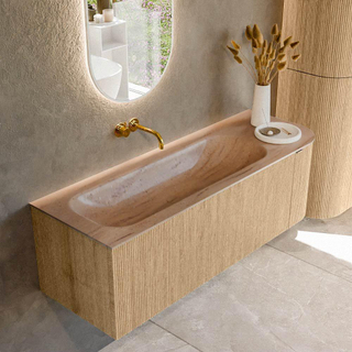 MONDIAZ KURVE-DLUX 135cm badmeubel ronding Rechts kleur Oak met 1 lade en 1 deur. Wastafel BIG MEDIUM Links zonder kraangat Saba.