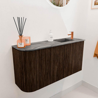 Mondiaz JOYA-DLUX 81.6cm toiletmeubel - ronding links kleur Walnut - Wastafel FAYE positie Rechts 1 kraangat kleur Sombra.