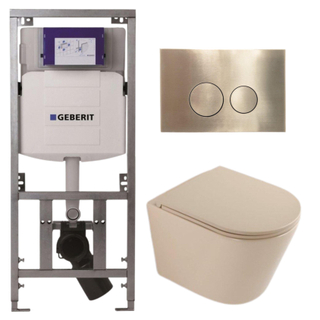 QeramiQ Dely Pack WC - 36,3x51,7cm - à fond creux - sans bride - réservoir encastré Geberit UP320 - abattant WC à fermeture douce - plaque de déclenchement en laiton brossé - boutons ronds - beige mat