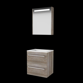 Basic-Line Premium 46 ensemble de meubles de salle de bain 60x46cm avec poignées 2 tiroirs lavabo acrylique 0 trous de robinetterie armoire de toilette éclairage led intégré mfc scotch oak