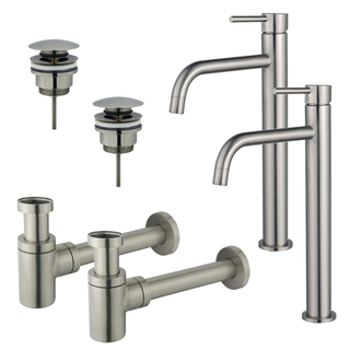 FortiFura Calvi Kit robinet lavabo - pour double vasque - robinet rehaussé - bonde clic clac - siphon design bas - PVD