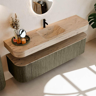 MONDIAZ THOR-DLUX 170cm meuble de salle de bains arrondi gauche + droite couleur Shadow avec 1 tiroir et 2 portes. Vasque suspendue CLOUD Milieu 1 trou de robinet couleur Arena.