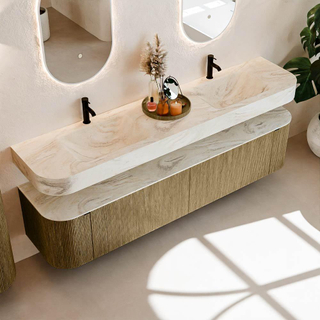 MONDIAZ THOR-DLUX 200cm meuble de salle de bains arrondi gauche + droite couleur Dusk avec 2 tiroirs et 2 portes. Vasque suspendue CLOUD Double 2 trous de robinet couleur Ostra.