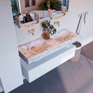 Mondiaz ALAN-DLUX Ensemble de meuble - 130cm - meuble Talc mat - 1 tiroir - Lavabo Cloud Glace suspendu - vasque Gauche et droite - 0 trous de robinet