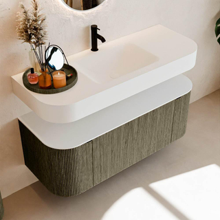 MONDIAZ THOR 120cm meuble de salle de bains arrondi gauche + droite couleur Shadow avec 1 tiroir et 2 portes. Vasque suspendue CLOUD Milieu 1 trou de robinet couleur Talc.