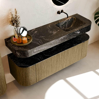 MONDIAZ THOR-DLUX 150cm meuble de salle de bains arrondi gauche + droite couleur Dusk avec 1 tiroir et 2 portes. Vasque suspendue CLOUD Droite sans trou de robinet couleur Lava.