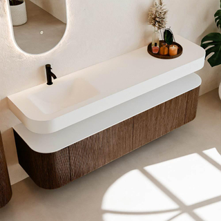 MONDIAZ THOR Meuble de salle de bains 180cm arrondi gauche + droite couleur Walnut avec 2 tiroirs et 2 portes. Vasque suspendue CLOUD Gauche 1 trou de robinet couleur Talc.