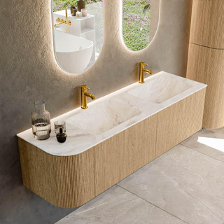 MONDIAZ KURVE-DLUX 155cm Meuble salle de bain avec module 25 G - couleur Oak - 2 tiroirs - 1 porte - vasque LEAF double / droite - 2 trous de robinet - couleur Frappe