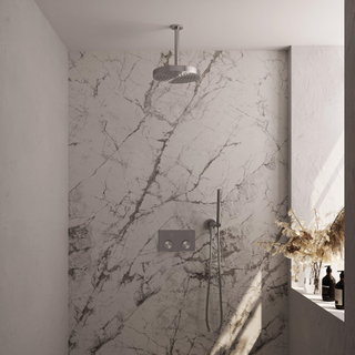 BRAUER Stripe Thermostatische Inbouw Regendouche - drukknoppen - SET 27 - 25cm douchekop - plafondarm - staaf handdouche - doucheslang - wandaansluitbocht - RVS-kleurig geborsteld PVD