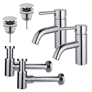 FugaFlow Eccelente Sobrado Kit robinet lavabo - pour double vasque - robinet bas - bonde clic clac - siphon design bas - Chrome brillant
