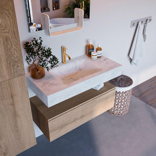 Mondiaz ALAN-DLUX Ensemble de meuble - 90cm - meuble Washed Oak mat - 1 tiroir - Lavabo Cloud Opalo suspendu - vasque Centre - 1 trou de robinet