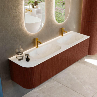 Mondiaz KURVE-DLUX Ensemble de meuble salle de bain - 165x46x40cm - 2 tiroirs - 1 porte - lavabo en solid surface - double / droite - 2 trous de robinet - Ruby