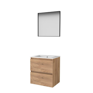 Basic-Line ensemble de meubles de salle de bain 60x46cm sans poignée 2 tiroirs lavabo en porcelaine 1 trou de robinetterie miroir cadre aluminium noir mat tout autour mfc whisky oak