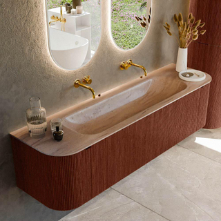 MONDIAZ KURVE-DLUX 170cm badmeubel ronding Links + Rechts kleur Ruby met 1 lade en 2 deuren. Wastafel BIG LARGE Midden zonder kraangat Saba.