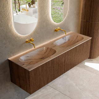 MONDIAZ KURVE-DLUX 150cm badmeubel kleur Walnut met 2 lades en 0 deuren. Wastafel STOR SMALL Dubbel zonder kraangat Arena.