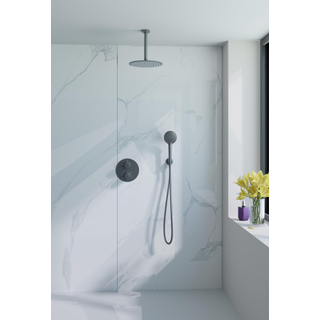 Fortifura Calvi Ensemble de douche à l'italienne - rond - thermostatique - bras plafond - douche principale de 25 cm - douchette ronde - flexible lisse - Gunmetal PVD brossé