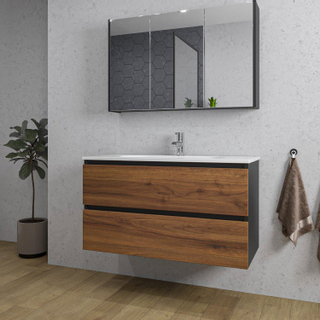 Adema Industrial 2.0 Ensemble de meuble - 100x45x55cm - 1 vasque ovale en céramique blanche - 1 trou de robinet - armoire de toilette noire - bois/noir