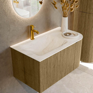 Mondiaz KURVE-DLUX Ensemble de meuble salle de bain - 85x46x40cm - 1 tiroir - 1 porte - lavabo en solid surface - gauche - 1 trou de robinet - Dusk