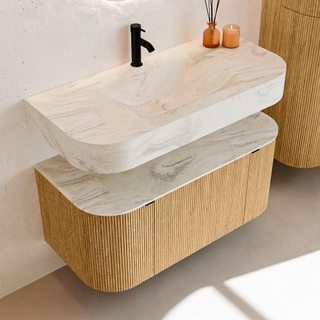 MONDIAZ THOR-DLUX 100cm badmeubel ronding links + rechts kleur Oak met 1 lade en 2 deuren. Vrijhangende wastafel CLOUD Midden 1 kraangat kleur Ostra.