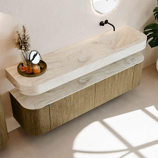 MONDIAZ THOR-DLUX 180cm meuble de salle de bains arrondi gauche + droite couleur Dusk avec 2 tiroirs et 2 portes. Vasque suspendue CLOUD Droite sans trou de robinet couleur Ostra.