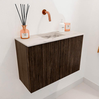 Mondiaz JOYA-DLUX 60cm toiletmeubel - kleur Walnut - Wastafel FAYE positie Midden Zonder kraangat kleur Nata.