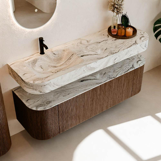 MONDIAZ THOR-DLUX 150cm meuble de salle de bains arrondi gauche + droite couleur Walnut avec 1 tiroir et 2 portes. Vasque suspendue CLOUD Gauche 1 trou de robinet couleur Glace.