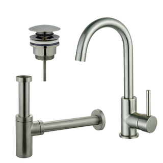 FortiFura Calvi Kit robinet lavabo - robinet haut - bec rotatif - bonde clic clac - siphon design - Inox brossé PVD