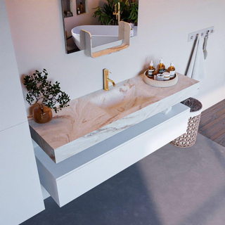 Mondiaz ALAN-DLUX Ensemble de meuble - 150cm - meuble Talc mat - 1 tiroir - Lavabo Cloud Frappe suspendu - vasque Centre - 1 trou de robinet