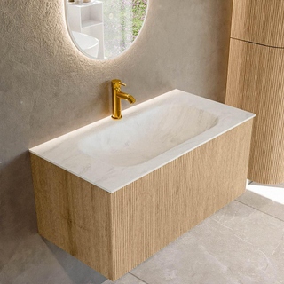 MONDIAZ KURVE-DLUX 90cm Meuble salle de bain - couleur Oak - 1 tiroir - vasque BIG SMALL centre - 1 trou de robinet - couleur Opalo