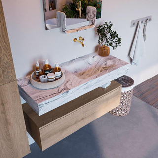 Mondiaz ALAN-DLUX Ensemble de meuble - 110cm - meuble Washed Oak mat - 1 tiroir - Lavabo Cloud Glace suspendu - vasque Droite - 0 trous de robinet