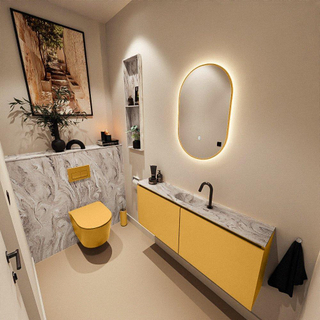 MONDIAZ TURE-DLUX Meuble toilette - 120cm - Ocher - EDEN - vasque Glace - position centrale - 1 trou de robinet
