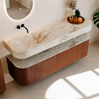 MONDIAZ THOR-DLUX 160cm meuble de salle de bains arrondi gauche + droite couleur Ruby avec 1 tiroir et 2 portes. Vasque suspendue CLOUD Gauche sans trou de robinet couleur Frappe.