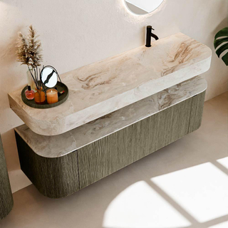 MONDIAZ THOR-DLUX 160cm meuble de salle de bains arrondi gauche + droite couleur Shadow avec 1 tiroir et 2 portes. Vasque suspendue CLOUD Droite 1 trou de robinet couleur Frappe.