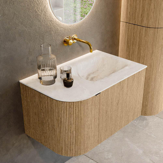 MONDIAZ KURVE-DLUX 75cm badmeubel met module 25 L kleur Oak met 1 lade en 1 deur. Wastafel GRUNNE rechts zonder kraangat kleur Frappe.