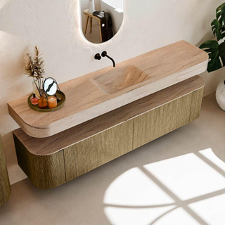 MONDIAZ THOR-DLUX Meuble de salle de bains - 200cm - arrondi gauche + droite - couleur Dusk - 2 tiroirs - 2 portes - Vasque suspendue CLOUD Milieu sans trou de robinet - couleur Saba