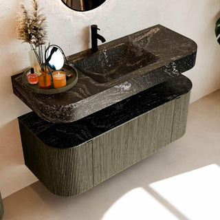 MONDIAZ THOR-DLUX 120cm meuble de salle de bains arrondi gauche + droite couleur Shadow avec 1 tiroir et 2 portes. Vasque suspendue CLOUD Milieu 1 trou de robinet couleur Lava.