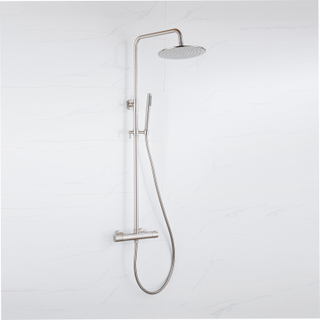 Fortifura Calvi Colonne de douche thermostatique - pomme de douche 25cm - flexible lisse - douchette stylo - inox brossé PVD