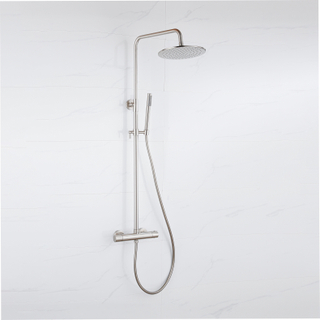FugaFlow Eccelente Ensemble de douche de tête - thermostatique - douche de tête 30 cm - flexible lisse - douchette à main sur barre - Acier inoxydable brossé PVD