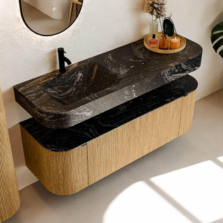 MONDIAZ THOR-DLUX 140cm meuble de salle de bains arrondi gauche + droite couleur Oak avec 1 tiroir et 2 portes. Vasque suspendue CLOUD gauche 1 trou de robinet couleur Lava.