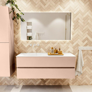 Mondiaz VICA Ensemble de meuble de salle de bain - 130cm - meuble sous-vasque rosee - 2 tiroirs - lavabo moon gauche - sans trous de robinet - version haute de 60cm - talc