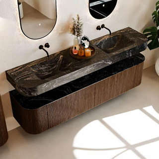 MONDIAZ THOR-DLUX Meuble de salle de bains - 190cm - arrondi gauche + droite - couleur Walnut - 2 tiroirs et 2 portes - Vasque suspendue CLOUD Double sans trou de robinet - couleur Lava