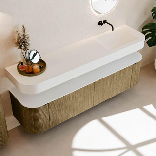 MONDIAZ THOR Meuble de salle de bains 180cm arrondi gauche + droite couleur Dusk avec 2 tiroirs et 2 portes. Vasque suspendue CLOUD Droite sans trou de robinet couleur Talc.