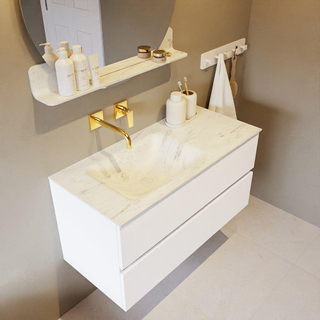 Mondiaz VICA-DLUX Ensemble de meuble de salle de bain - 100cm - meuble sous vasque talc - 2 tiroirs - lavabo encastré cloud gauche - sans trous de robinet - version haute de 60cm - opalo