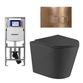 QeramiQ Dely Toiletset - 36.3x51.7cm - diepspoel - rimless - Geberit UP320 inbouwreservoir - met Burda frame - softclose toiletzitting - koperen bedieningsplaat - rechtehoekige knoppen - zwart mat