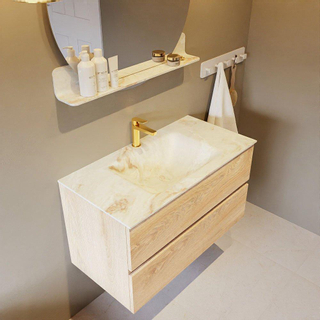 Mondiaz VICA-DLUX Ensemble de meuble de salle de bain - 90cm - meuble sous-vasque chêne blanchi - 2 tiroirs - lavabo encastré nuage milieu - 1 trou de robinet - version haute 60cm - frape