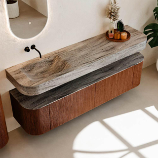 MONDIAZ THOR-DLUX 180cm meuble de salle de bains arrondi gauche + droite couleur Ruby avec 2 tiroirs et 2 portes. Vasque suspendue CLOUD Gauche sans trou de robinet couleur Oza.